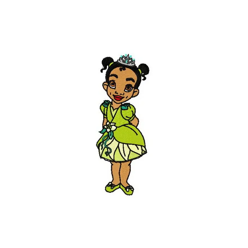 Young Tiana embroidery design featuring the beloved princess from The Princess and the Frog movie.