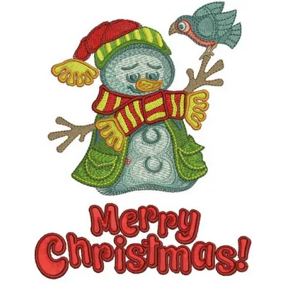 Preview of a Merry Christmas snowman embroidery design featuring a cheerful snowman with festive details.