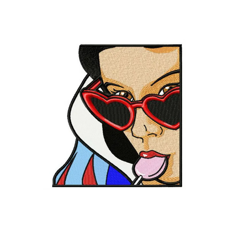 Embroidery design of Snow White holding a lollipop, showcasing a whimsical character for creative stitching.