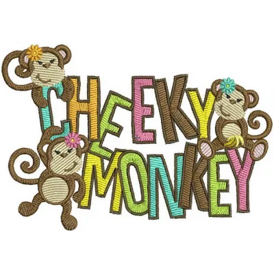 Cheeky monkey embroidery design showcasing a playful monkey motif, perfect for stitching on children's clothing and accessor…