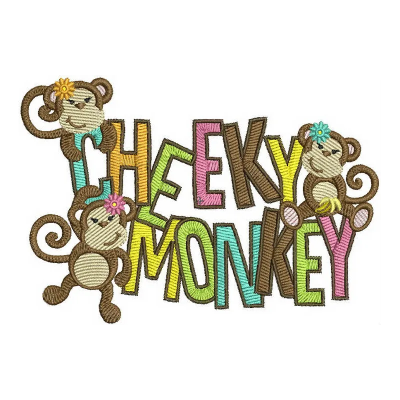 Cheeky monkey embroidery design showcasing a playful monkey motif, perfect for stitching on children's clothing and accessor…