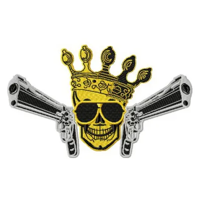 Preview of Skull, Crown, Guns 3 embroidery design featuring a striking skull motif with a crown and crossed guns.