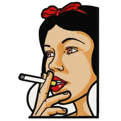 Snow White smoking in a whimsical embroidery design, showcasing intricate details perfect for crafting projects.
