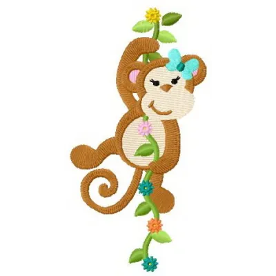 Monkey climbs the liana embroidery design showcasing a playful primate among lush foliage for stitching projects.