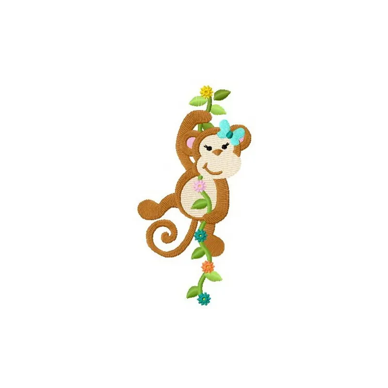 Monkey climbs the liana embroidery design showcasing a playful primate among lush foliage for stitching projects.
