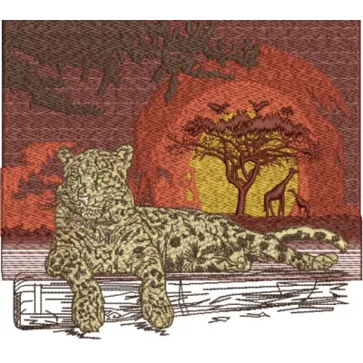 Jaguar in savanna embroidery design showcasing a majestic big cat in its natural habitat, ideal for various projects.
