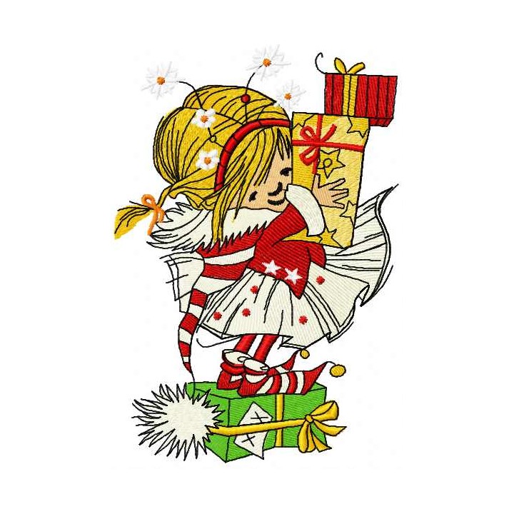 Cute girl with Christmas gifts embroidery design - Embroidery Design