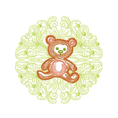 Cute small teddy embroidery design showcased on a soft fabric, ideal for stitching on baby onesies and blankets.