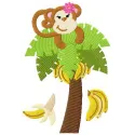 Preview of Monkey loves bananas embroidery design featuring a playful monkey surrounded by bananas.