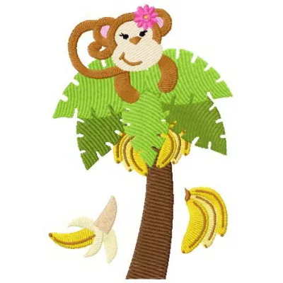 Preview of Monkey loves bananas embroidery design featuring a playful monkey surrounded by bananas.