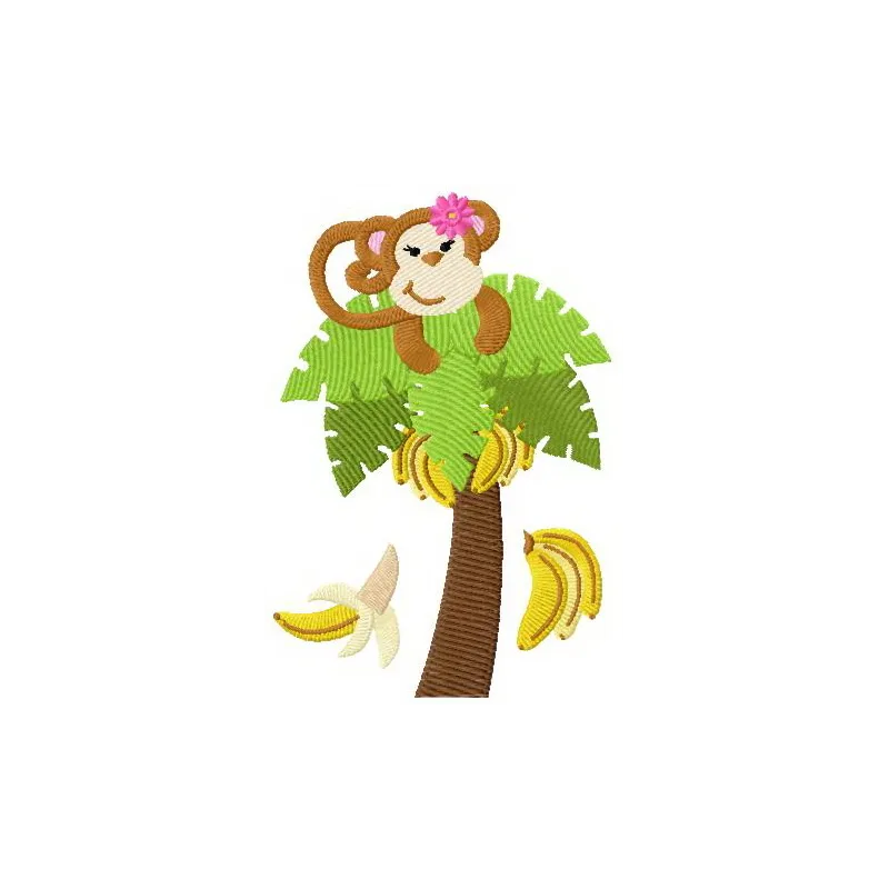 Preview of Monkey loves bananas embroidery design featuring a playful monkey surrounded by bananas.
