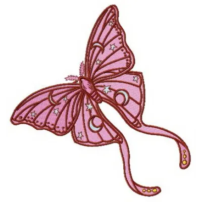 Embroidery design featuring stars and moons on butterfly wings, ideal for creative stitching projects.