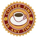 Preview of the 'Coffee time is any time' embroidery design featuring a whimsical coffee cup motif.