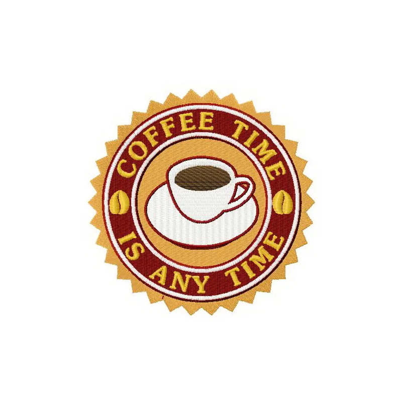 Preview of the 'Coffee time is any time' embroidery design featuring a whimsical coffee cup motif.