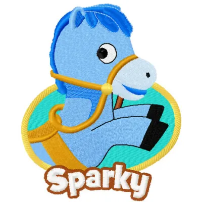 Sparky badge embroidery design featuring a playful horse motif, ideal for stitching on caps and tote bags.
