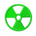 Nuclear hazard sign embroidery design showcased on fabric, ideal for apparel and accessories.