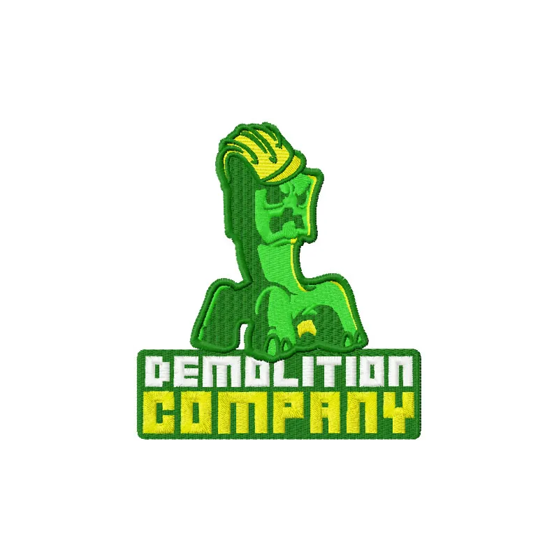 Demolition company badge embroidery design inspired by Minecraft, showcasing intricate stitching patterns and motifs.