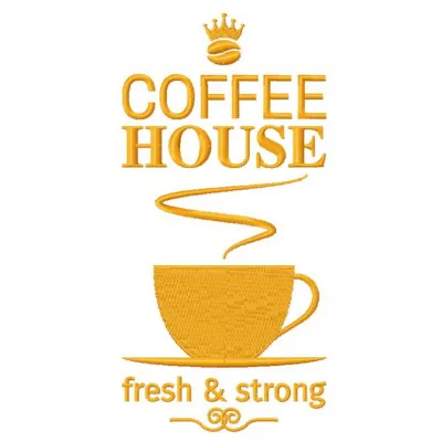 Coffee house embroidery design showcasing a cozy café theme, perfect for stitching on tote bags and t-shirts.