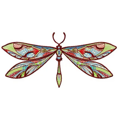 Mosaic dragonfly 2 embroidery design showcasing intricate details on a vibrant background.