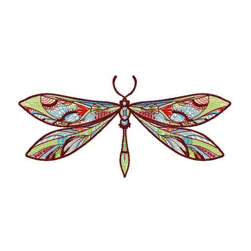 Mosaic dragonfly 2 embroidery design showcasing intricate details on a vibrant background.