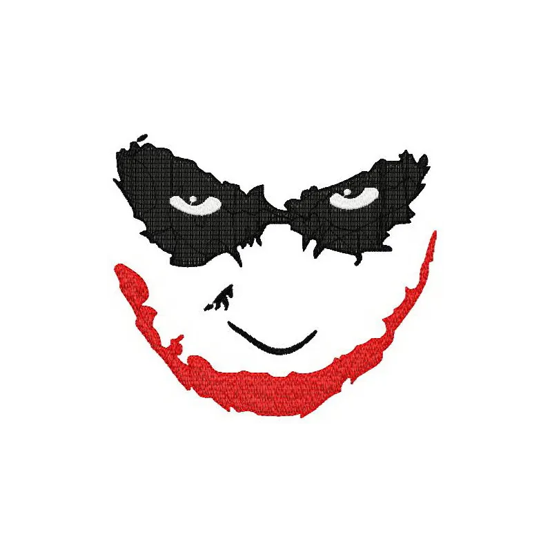 Joker's smile embroidery design featuring a whimsical, playful expression, perfect for t-shirts and tote bags.