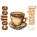 Espresso coffee embroidery design featuring a steaming cup, perfect for embellishing kitchen towels or aprons.