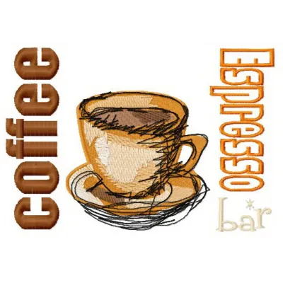 Espresso coffee embroidery design featuring a steaming cup, perfect for embellishing kitchen towels or aprons.