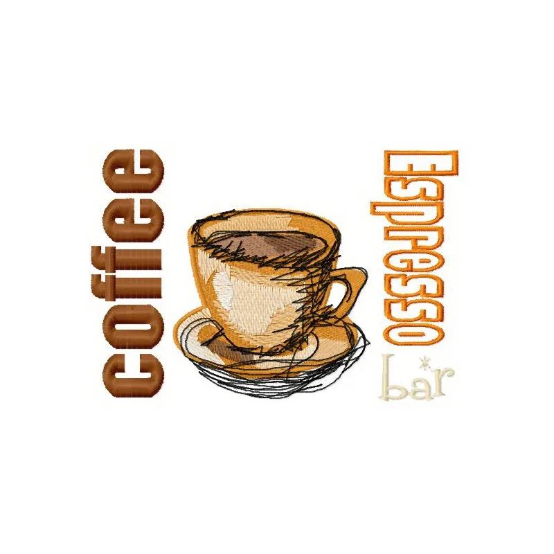 Espresso coffee embroidery design featuring a steaming cup, perfect for embellishing kitchen towels or aprons.