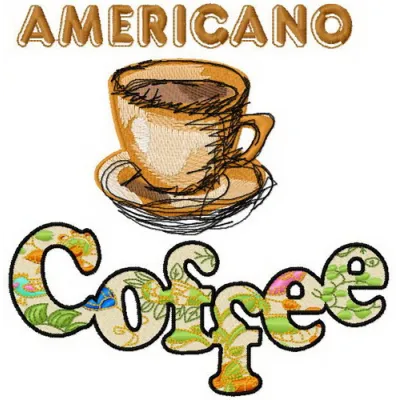 Americano coffee embroidery design showcasing a steaming cup, ideal for decorating t-shirts and tote bags.