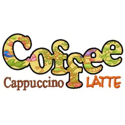 Cappuccino and latte embroidery design featuring intricate coffee motifs for creative stitching projects.