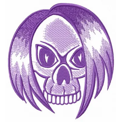 Hairy skull embroidery design showcasing intricate details, perfect for unique stitching projects like apparel and accessori…
