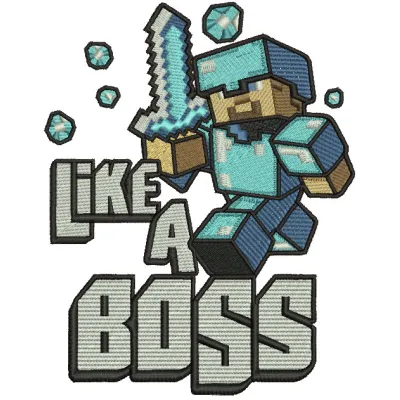 Preview of the 'Like a Boss' embroidery design featuring Minecraft elements, ideal for t-shirts and hoodies.