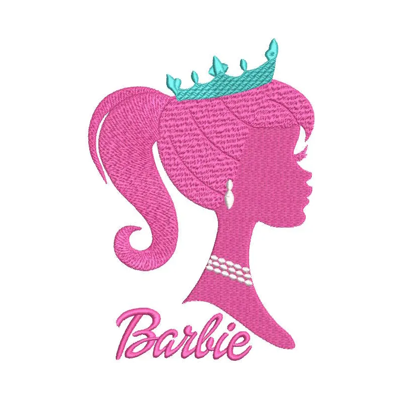 Barbie beauty queen embroidery design preview showcasing a vibrant stitched motif for creative projects.