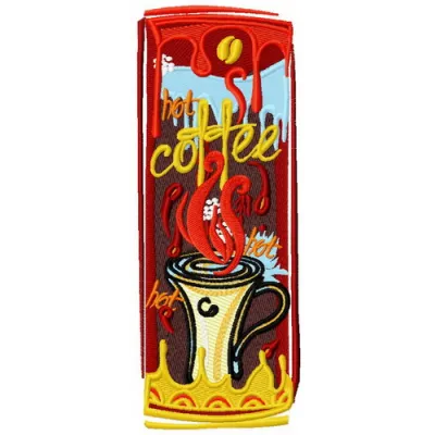 Hot coffee embroidery design featuring a steaming cup of coffee, ideal for t-shirts and tote bags.