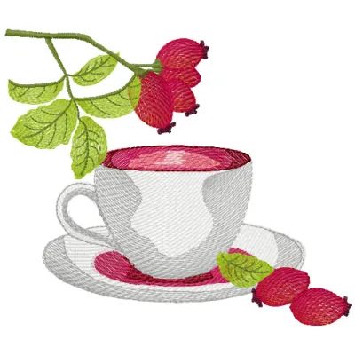 A charming cup of tea embroidery design featuring delicate details, perfect for kitchen-themed projects.
