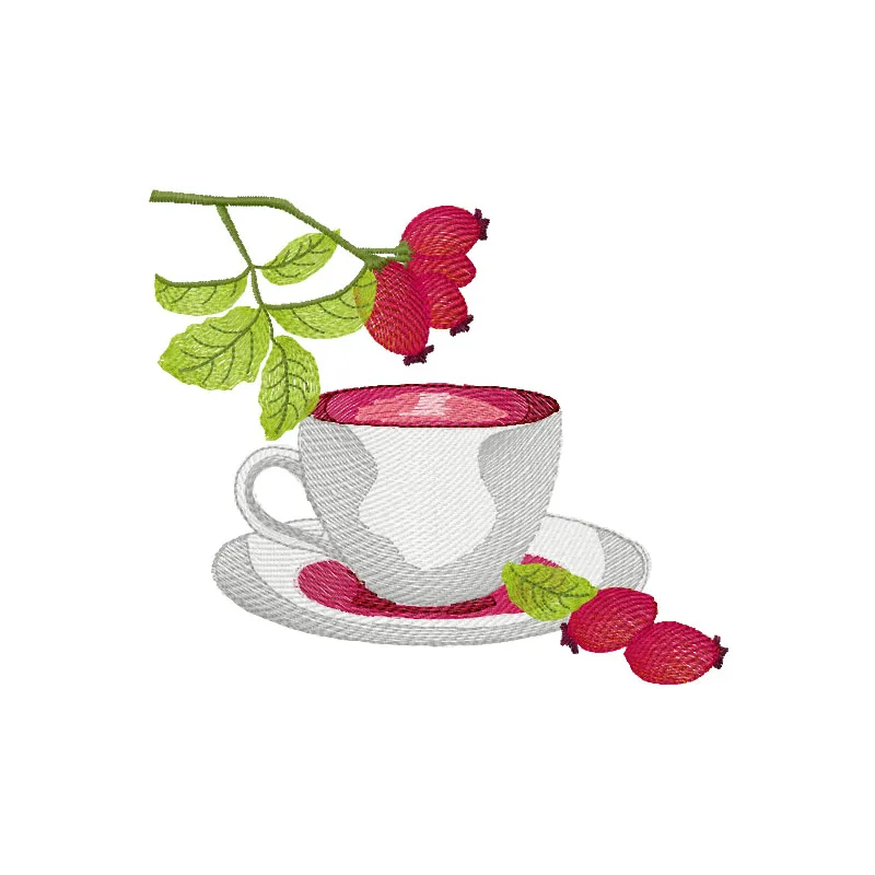 A charming cup of tea embroidery design featuring delicate details, perfect for kitchen-themed projects.