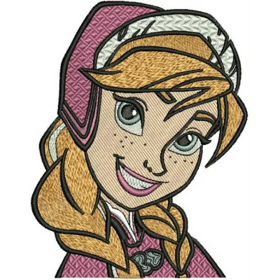 Adorable Anna embroidery design from Frozen, showcasing intricate stitching patterns for creative projects.