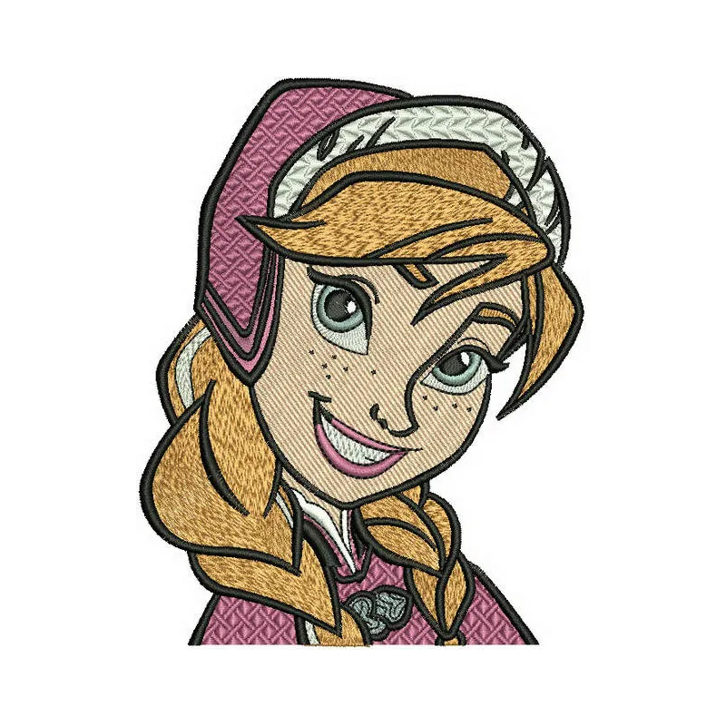 Adorable Anna embroidery design from Frozen, showcasing intricate stitching patterns for creative projects.