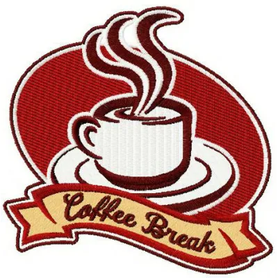 Coffee break embroidery design showcasing a cozy coffee cup motif, perfect for stitching on t-shirts or tote bags.
