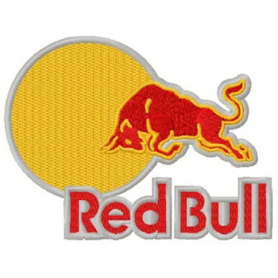 Embroidery design preview of the Red Bull logo 2, showcasing intricate stitching patterns for beverage enthusiasts.