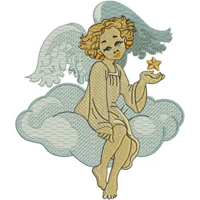 Embroidery design preview of an angel on a cloud, showcasing a delicate stitched motif for creative projects.