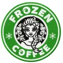 Frozen coffee embroidery design featuring a whimsical coffee cup and ice cubes, perfect for creative projects.