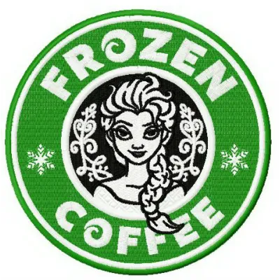 Frozen coffee embroidery design featuring a whimsical coffee cup and ice cubes, perfect for creative projects.