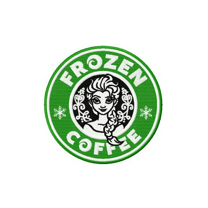 Frozen coffee embroidery design featuring a whimsical coffee cup and ice cubes, perfect for creative projects.