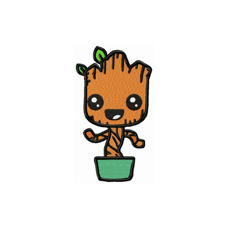 Groot in flower pot embroidery design showcasing a charming stitched motif for creative projects.