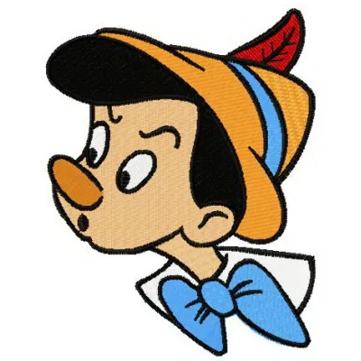 Pinocchio amazed embroidery design featuring a joyful expression, perfect for kids' clothing and accessories.
