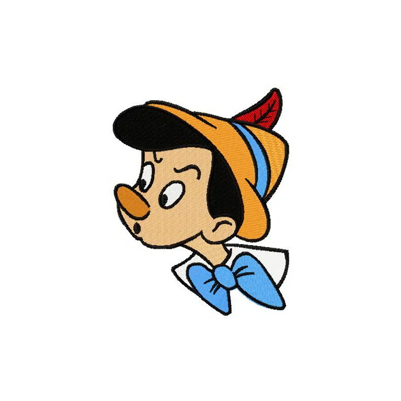 Pinocchio amazed embroidery design featuring a joyful expression, perfect for kids' clothing and accessories.