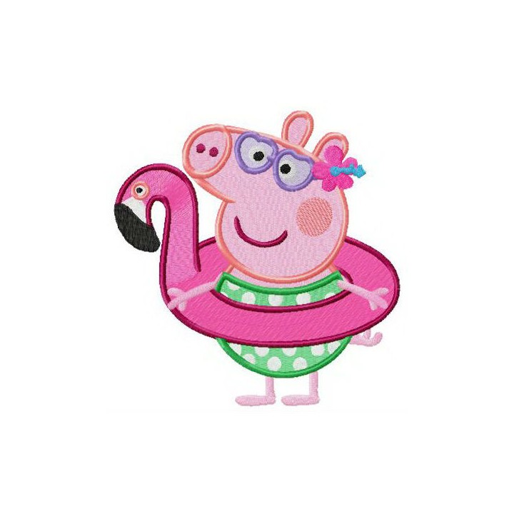 Pig with flamingo swim ring embroidery design - Embroidery Design
