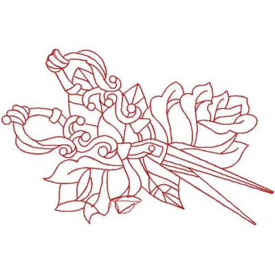Redwork vintage scissors embroidery design preview showcasing intricate stitching patterns for craft projects.