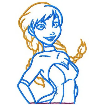 Anna dancing applique embroidery design inspired by Frozen, showcasing a lively stitched motif for creative projects.